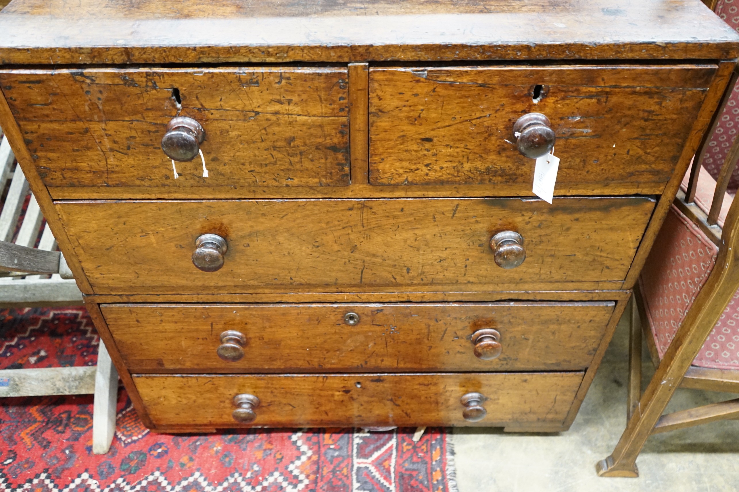 A 19th century mahogany two part chest with later turned wood handles, width 90cm, depth 49cm, height 92cm